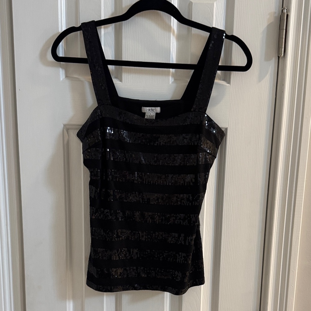 Caché Vintage Black Sequin Striped Top w/ Black Sequin Straps